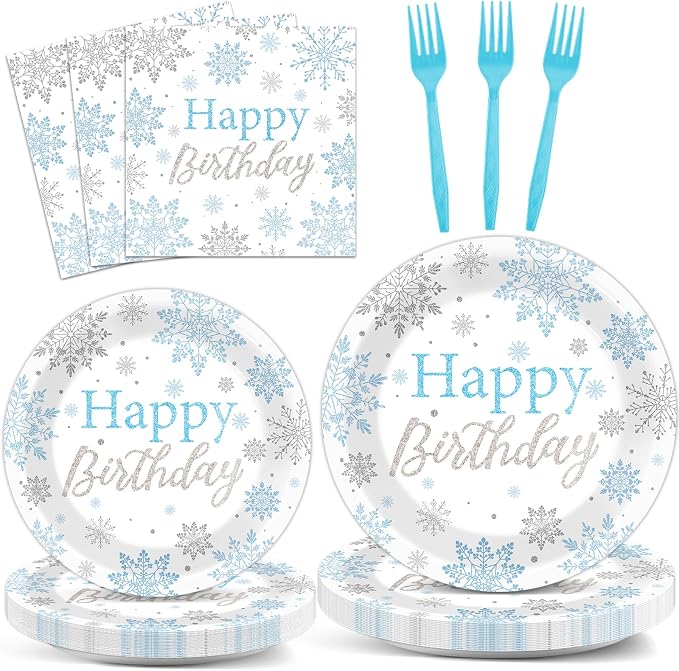 96PCS Winter Birthday Party Decorations Snowflake Paper Plates and Napkins by Justforjoyful