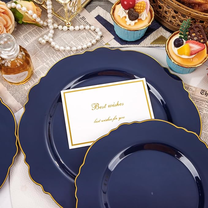 WDF 100pcs Blue Plastic Plates - Baroque Blue&Gold Disposable Plates for Parties/Wedding-50Plastic Dinner Plates 10.25in, 50Salad Plates 7.5in for Party/Birthday/Wedding