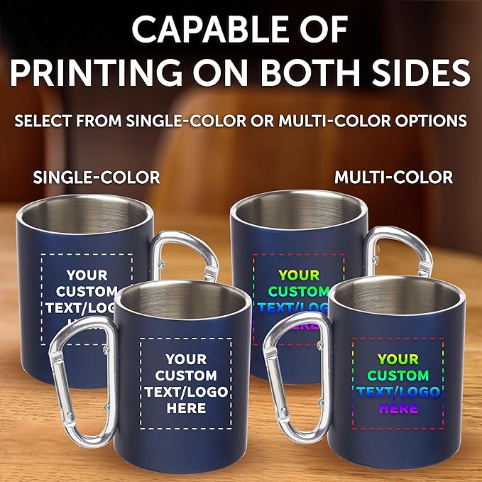 Custom Stainless Steel Mugs with Carabiner Handle 10 oz. Set of 10, Personalized Bulk Pack - Perfect for Coffee, Soda, Other Hot & Cold Beverages - Navy Blue