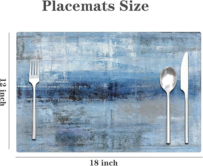 Blue Gray Placemats Set of 4 Abstract Art Place Mats Indoor Modern Linen Table Placemats Washable Wipeable Waterproof Heat Resistant Kitchen Place Mats for Dining Tables, 18 X 12 Inch
