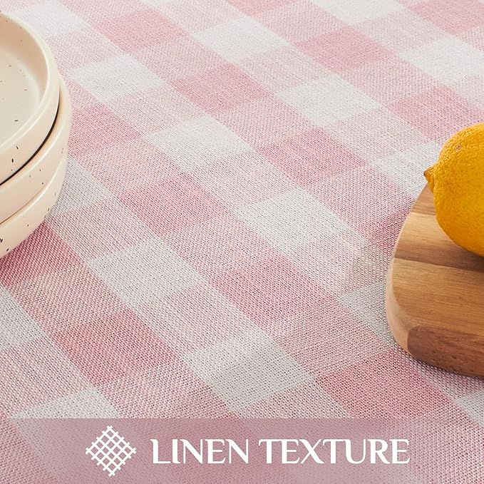 Softalker Valentines Pink Gingham Tablecloth Rectangle, Outdoor Linen Cotton Checkered Table Cloth with Tassel, Heavy Duty Wrinkle Free Plaid Table Cover for Easter Dining Spring Party - 55 x 84 Inch