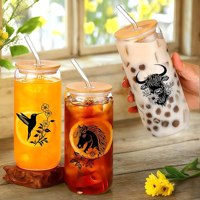Cute Hummingbird Glass Cup With Lids And Straws, Hummingbird Gift For Women, Iced, Coffee, Smoothie, Cocktail, Beer, Whiskey, Soda, Matcha,16 Oz, Home Office Table Desk Decoration!