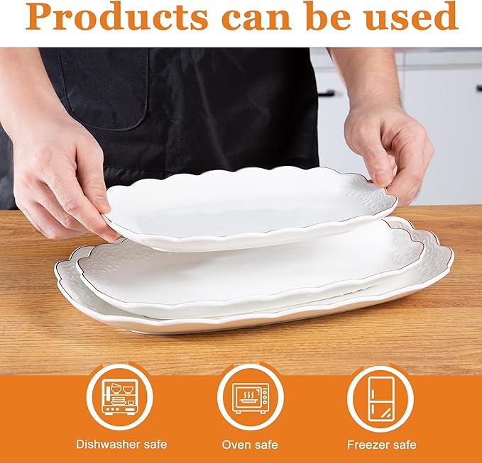Kassel Ceramic Serving Platter Set | 14”/12”/10” Oval Serving Trays for Entertaining at Parties and Weddings | Oven Safe Large Serving Trays for Tacos, Steak and Cake