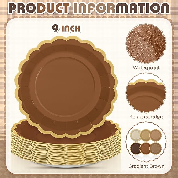 96 Pcs Brown Paper Plates 9 Inch Gradient Brown Scalloped Paper Disposable Dinner Dessert Plates for Birthday Wedding Bridal Party Supplies, 6 Colors