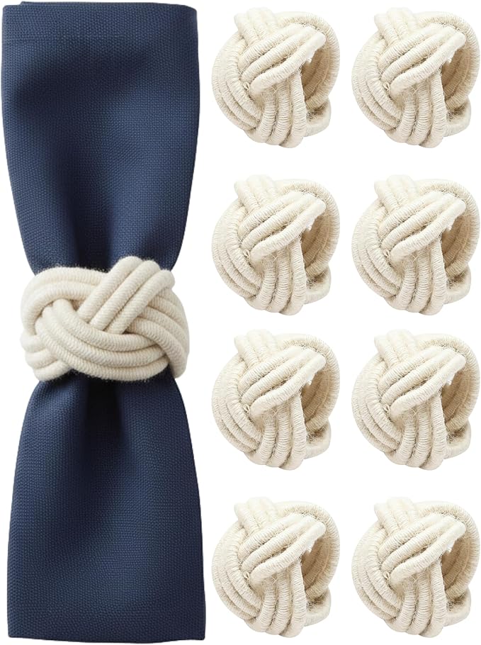 ALPHA Living HOME 8 Pcs Jute Napkin Rings Decorative Napkin Holder Serviette Buckles for Wedding Party Dinner Table Decor Anniversary Birthday Romantic Dinner Holiday, Wedding Daily Use (Off White)