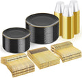 WDF 300PCS Black and Gold Plates - Black Plastic Plates for Party - 50guest Disposable Dinnerware Sets for Party/Wedding/New Year