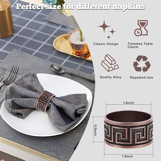 Bronze Napkin Rings Set of 12, Premium Meander Napkin Rings Bulk, Greek Key - Image 2