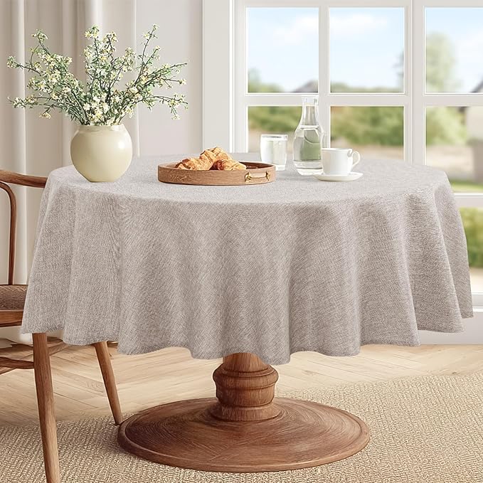 JIUZHEN Faux Linen Round Tablecloths 54 inch, Decorative Wrinkle Free Texture Rustic Circle Table Cloth Cover for Kitchen, Dining, Party, Wedding, Outdoor Use (54 Inch Round,Stone)