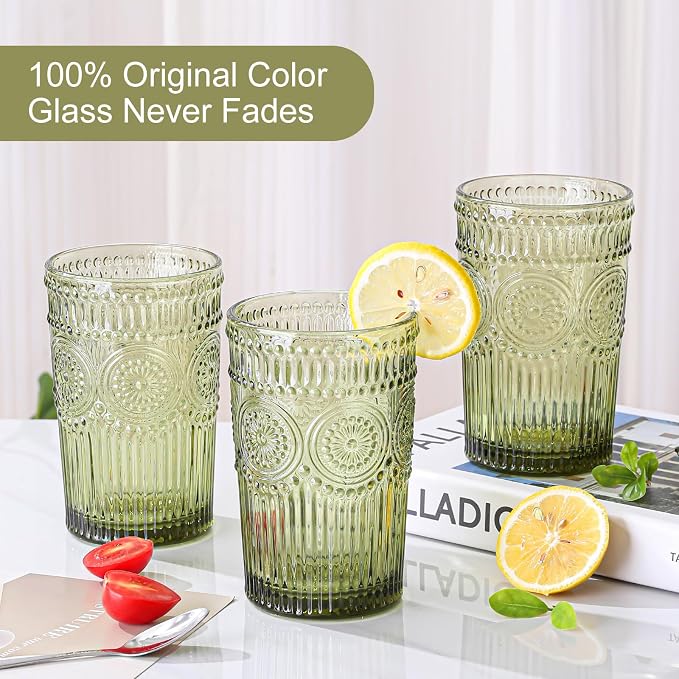ZMOWIPDL Drinking Glasses Set of 6, 13oz Flower Design Green Glass Cups | - Image 3
