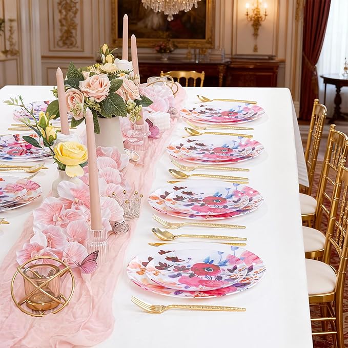 DaYammi 20Pcs Floral Disposable Plastic Plates-Disposable Heavy duty Watercolor Floral Plastic Plates 10.25 inch Dinner plates and 7.5 inch Dessert plates, Disposable Plate for Valentine's Day Party