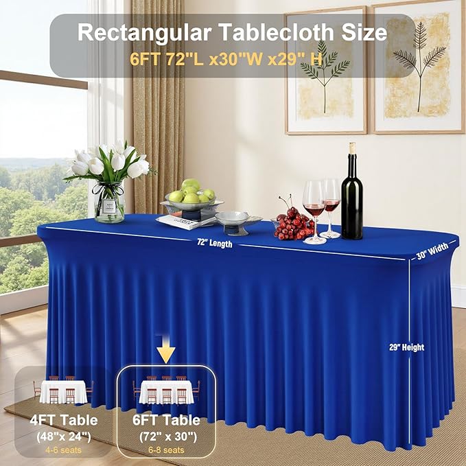 2 Pack Royal Blue Spandex Tablecloths 6FT Rectangular Fitted Table Covers, Stretch Tablecloths for 6 Foot Tables Wrinkle Free Elastic Table Skirt for Graduation Party Wedding Banquet Events