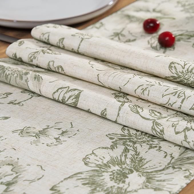 jinchan Green Floral Linen Table Runner 13 x 108 Inch Farmhouse | Soft floral - Image 6
