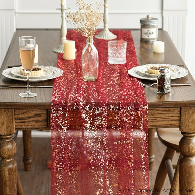 Artoid Mode Red Gold Gauze Table Runner 120 Inch 10Pcs, Glitter Metallic Foil Sheer Dining Wedding Anniversary Holiday Table Decor for Home Party