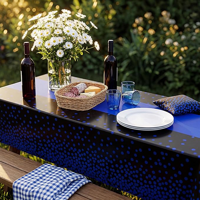 Oudain 6 Pcs Blue and Black Tablecloth for Parties Plastic Dot Tablecloths Printed Table Runner Waterproof Disposable Rectangle Table Cover for Christmas Birthday Wedding Party, 54" x 108"