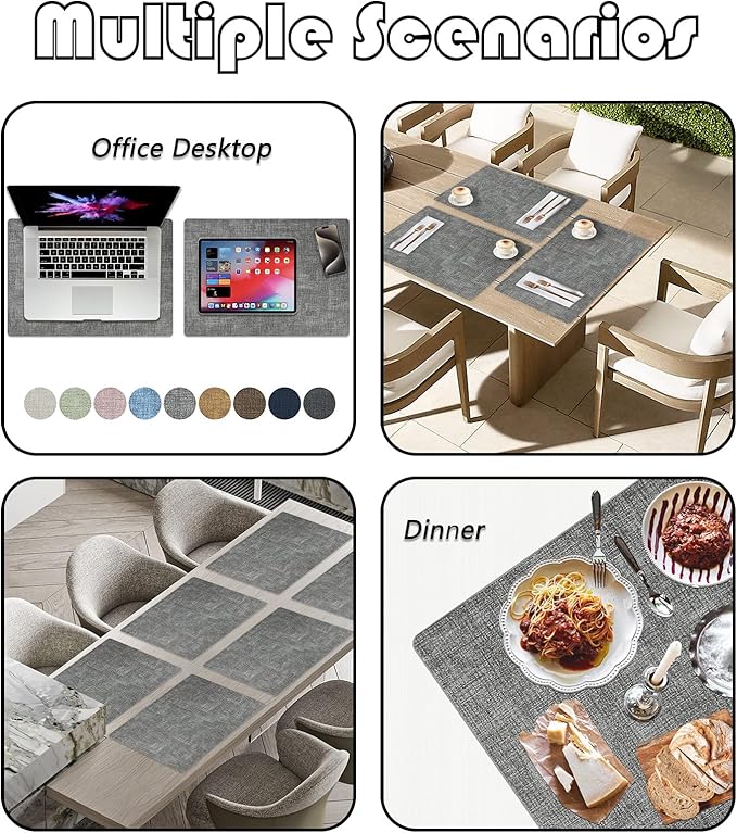 Placemats Set of 6 Faux Leather Heat Resistant Tables Mats Waterproof Oilproof Wipeable Reversible Anti-Slip Place Mats for Kitchen/Dining/Party/Outdoor 11.8" x 16.9", Light Gray