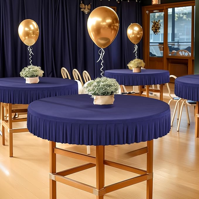 8 Pack Navy Blue Spandex Round Tablecloths for 60 Inch Tables, Stretchy Fitted 5FT Cloths, Wrinkle-Free Cover With Skirt for Wedding, Party, Dining, Banquet