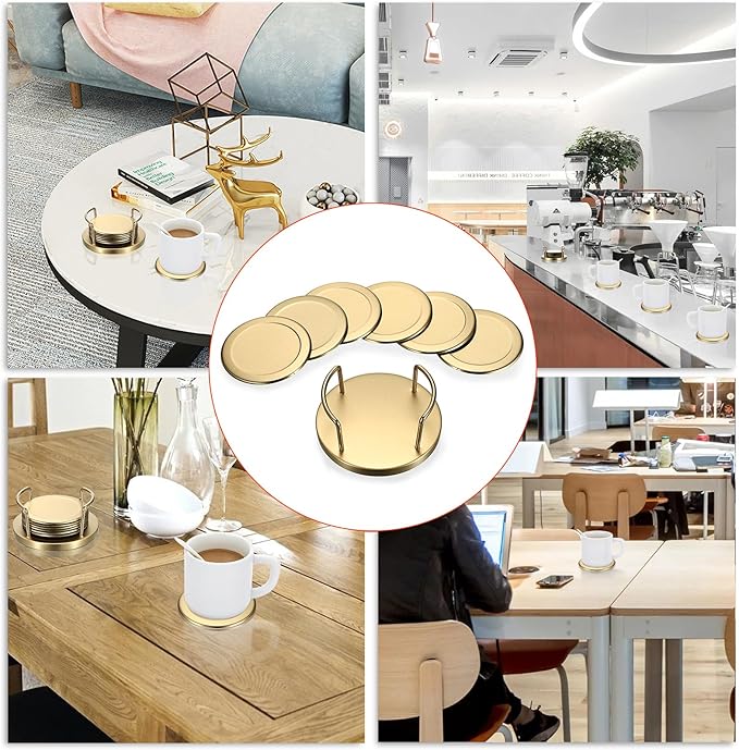 JUXYES Set of 6 Stainless Steel Round Coasters with Holder & Sponge Bottom, Golden Metal Cup Coasters Set Stunning Cool Coaster Cups Mats Decor for Restaurant Kitchen bar Dining Table