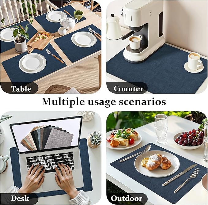 FROMHEART Faux Leather Placemats Set of 8–Waterproof,Heat/Oil Stain-Resistant PU Table Mat–Reversible,Non-Slip,Easy to Clean Place Mats for Kitchen,Dining,Indoor/Outdoor,(Dark Blue,11.8" x 17")