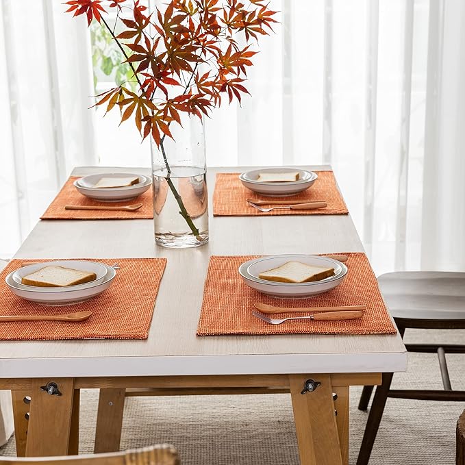 Kevin Textile Burlap Linen Placemats Set of 6 Heat Resistant Dining Table Place Mats Washable Kitchen Table Mats for Dinning Party Holiday Indoor Outdoor, 13 x19 inches, Orange