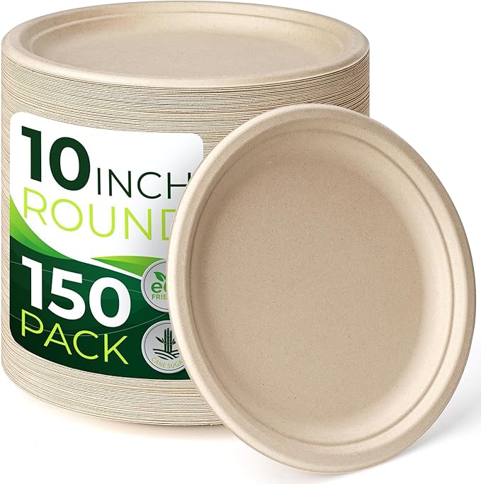 150PCS 100% Compostable Brown Paper Plate(10 in), Heavy Duty Disposable Plates, Eco Friendly Dinner Plates, Biodegradable Plates Made of Sugarcane Fiber