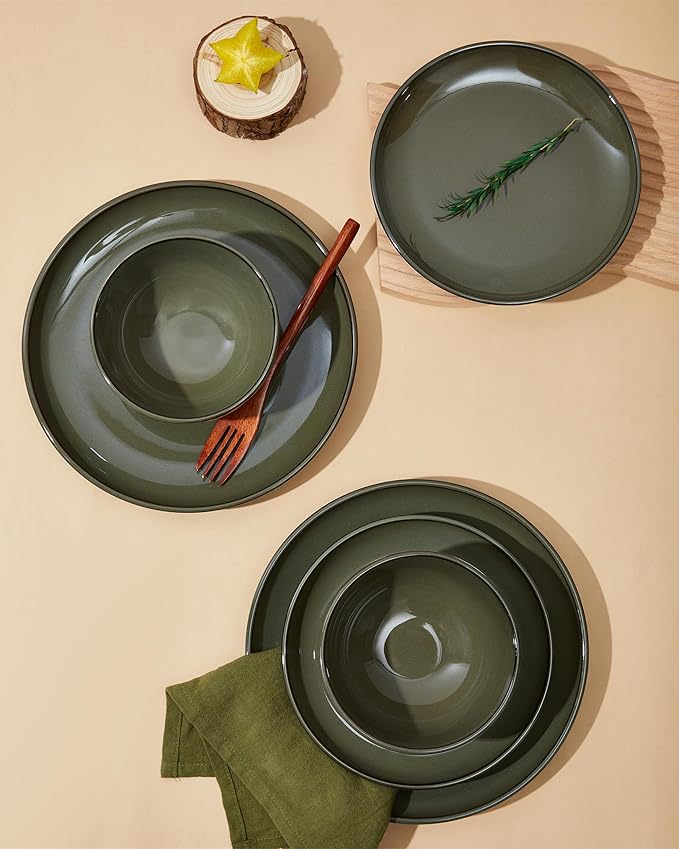 Ceramic Plate Set 10 Inch, Terracotta Dinner Plates of 6, Microwave Safe Plate, Large Serving Plates for for Salad Pasta Steak, Blackish Green