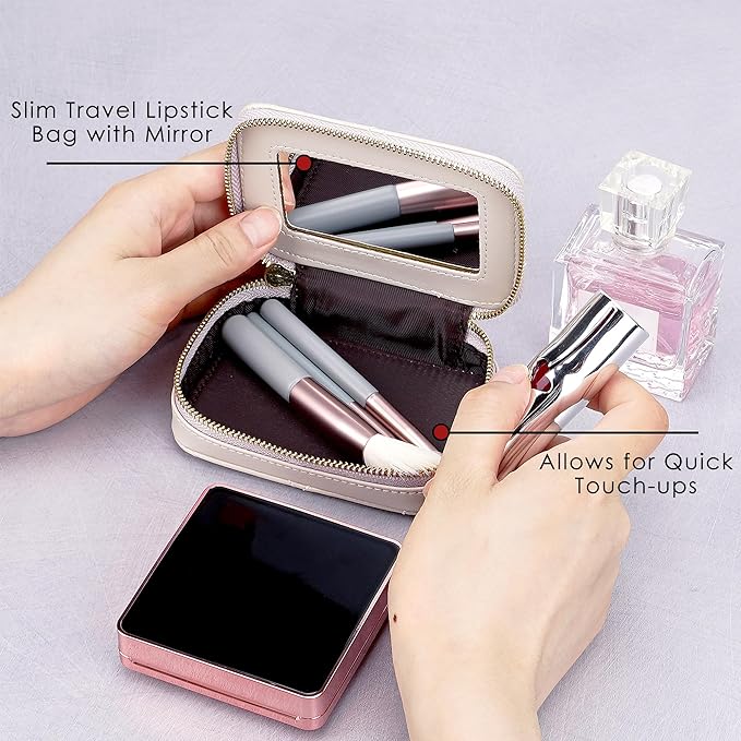 Lipstick Holder with Mirror for Purse, Genuine Leather Makeup Case, Compact Zippered Travel Cosmetic Organizer, Beige