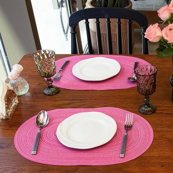 Noctiflorous Oval Braided Placemats Set of 8 Woven 12x18 Inch Non Slip Washable Heat Resistant Place Mats Tablemats for Dining Kitchen Party Daily Table Decor Dinner Mats (Hot Pink, 8)