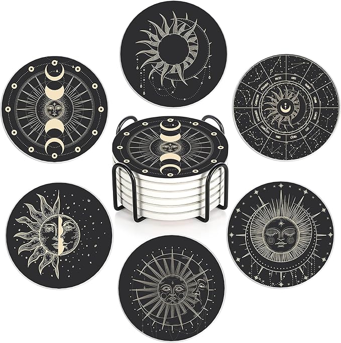 6-Pack Moon Phase Coasters Set with Holder - Absorbent Ceramic Drink Pads, Non-Slip Table Protectors for Coffee & Glasses