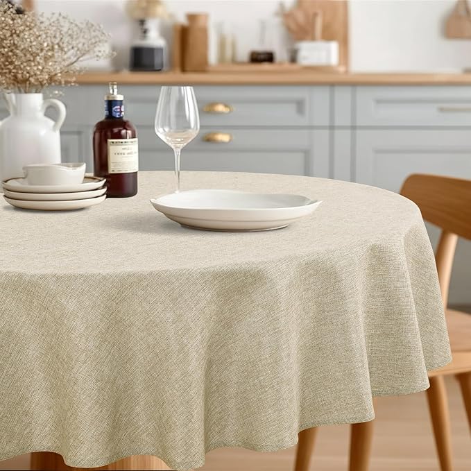 JIUZHEN Faux Linen Round Tablecloths 84 inch, Decorative Wrinkle Free Texture Rustic Circle Table Cloth Cover for Kitchen, Dining, Party, Wedding, Outdoor Use (84 Inch Round,Beige)