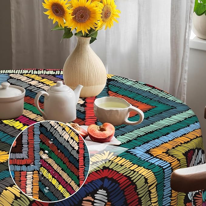 Laeacco 70 Inch Colorful Patchwork Round Tablecloth Woven Geometric Pattern Abstract Art Print Table Cloth Washable Waterproof Wrinkle Free Table Cover for Kitchen Dining Picnic Party Decoration