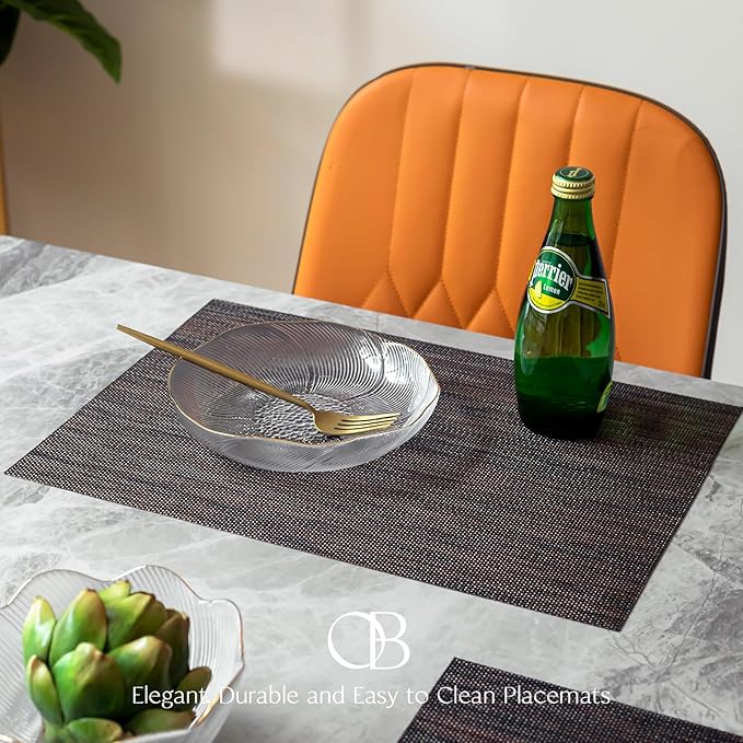 Placemats Set of 12 - Easy Clean Woven Vinyl Placemats for Dining Table, Indoor/Outdoor Place Mats, Washable PVC Table Mats（Black/Brown）