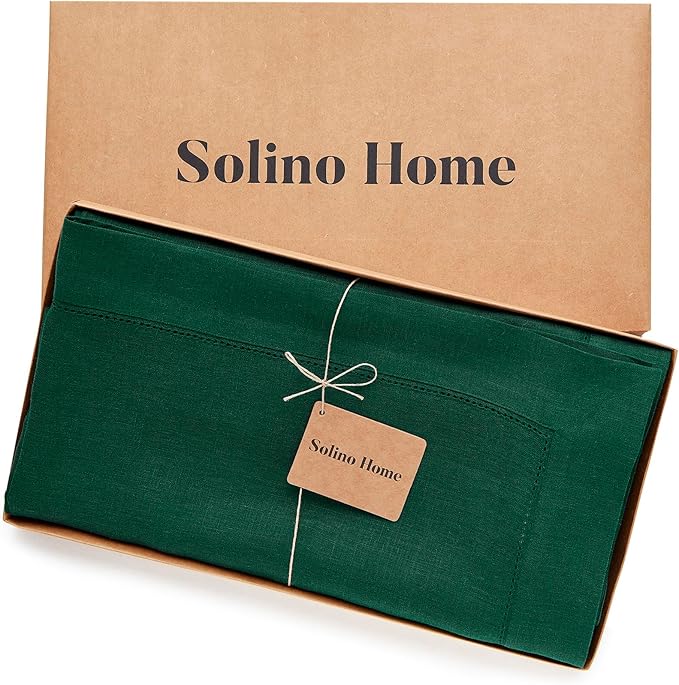 Solino Home Linen Tablecloth 60 x 120 Inch - Classic Hemstitch 100% Pure Linen Rainforest Green Table Cloth for Rectangle Tables - Machine Washable Tablecloth for St Patricks Day