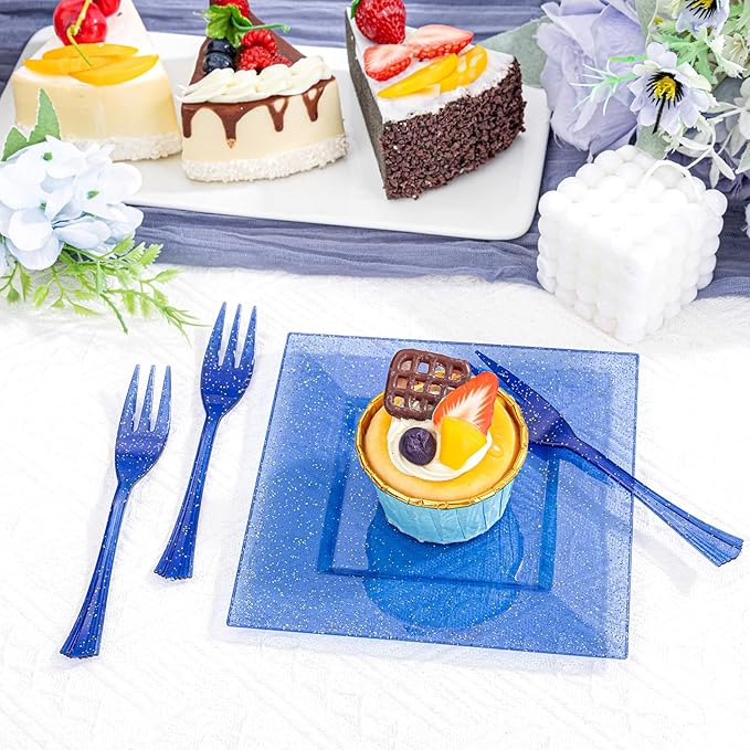 DaYammi 200Pcs Blue Dessert Plates with Forks- Small Disposable Dessert Plates- Serve 100 Guests include 100 Cake plates 6",100 Plastic Forks 5.7" for Party,Disposable Appetizer plates for Wedding