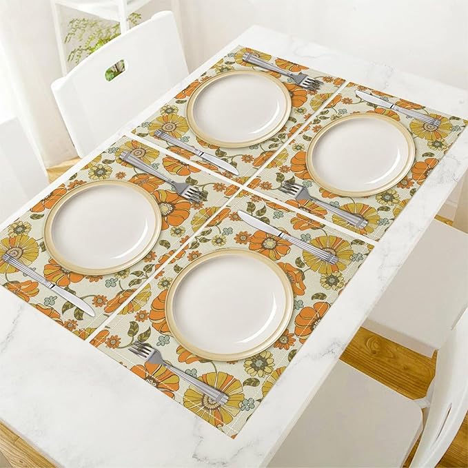 Vintage Boho Plant Floral Placemats，60S 70S Groovy Table Mats for Kitchen Decor Dinner Indoor Retro Hippie Floral Decoration Table Mats Placemat 18"x12" 6 PCS