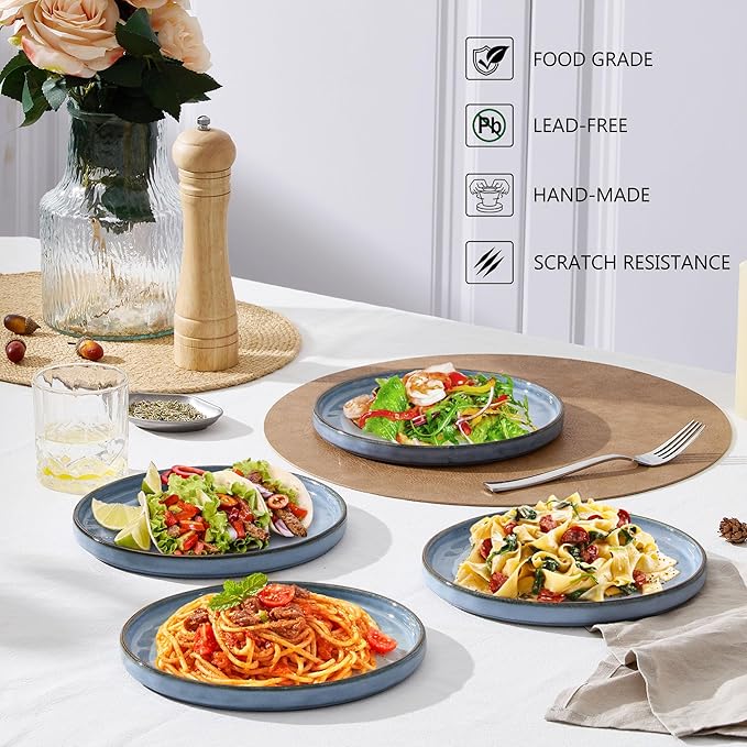 LIANYU 6PCS Ceramic Flat Dinner Plates Set, Porcelain Salad Appetizer Dishes with High Edge, 7.9” Dessert Plates Set, Microwave, Oven, dishwasher Safe, Chip & Scratch Resistant, Serenity Blue