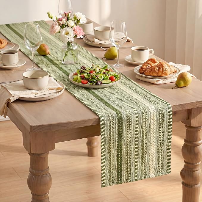 Artoid Mode Army Green Farmhouse Stripe Braided Table Runner 12x60 Inch | - Image 8