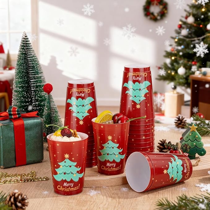 I00000 50Pcs 12oz Christmas Tree Design Christmas Plastic Cups, Premium Disposable Cups Cocktail Cup, Red Xmas Party Cup with Star Pattern Design, Perfect for Xmas Party