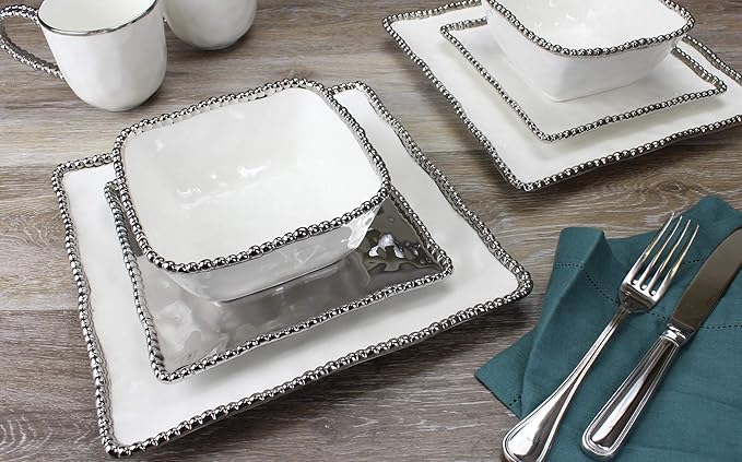 Pampa Bay Set The Table Square Cereal/Soup Bowl, 6 × 6 × 2.75 in, White and Silver