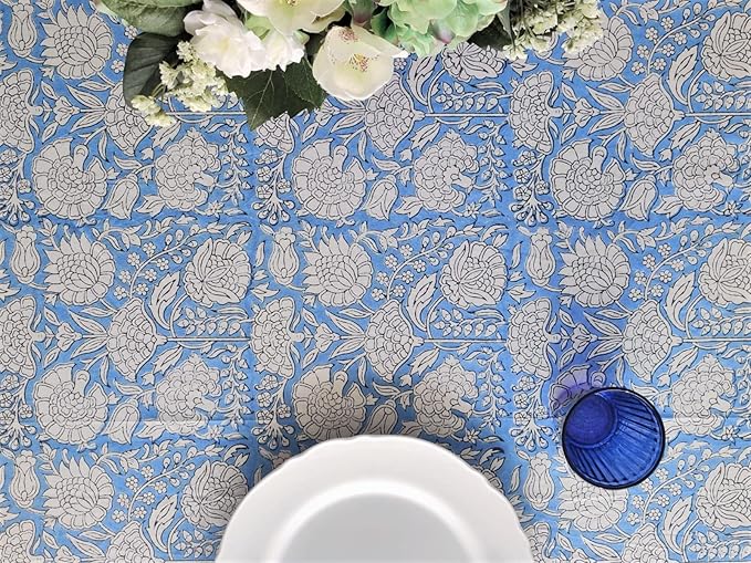 ATOSII Azora Blue 100% Cotton Rectangle Fall Tablecloth, Handblock Floral Print Linen Table Cloth for Kitchen Dining I Parties, Outdoors, Christmas, Thanksgiving I 72 X 108 Inches I 8 Seater