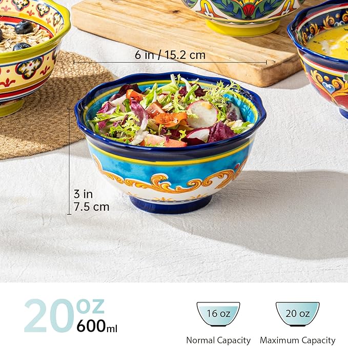 UNICASA Ceramic Soup Bowls Set, 16 oz Cereal Bowls Set of 4, Porcelain Colorful Bowls for Ramen, Dessert, Snack, Boho Style, Dishwasher & Microwave Safe