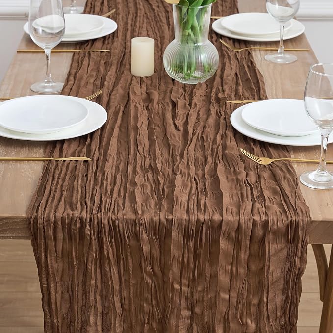 Asee'm 3pcs Brown Coffee Cheesecloth Table Runner 10FT Boho Rustic Fall | Sheer - Image 2