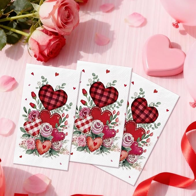 Valentine' s Day Paper Napkins - 100 Pcs Red Checkered Heart Rose Decorative Napkin Sets Disposable, Gingham Dinner Guest Party Decorations Supplies for Holiday Engagement Wedding 7.9 x 4.3 In