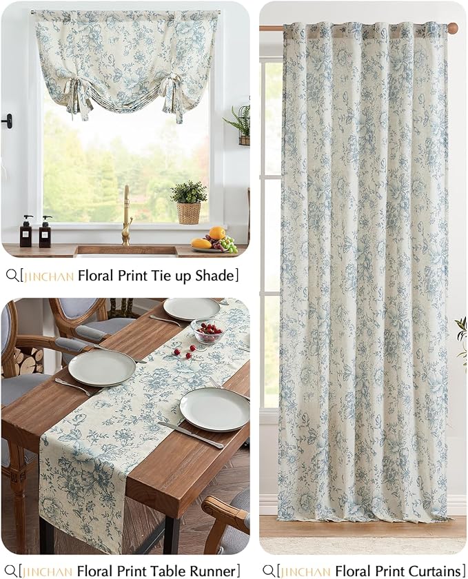 jinchan Blue Floral Linen Table Runner 13 x 90 Inch Farmhouse | Decorative - Image 8
