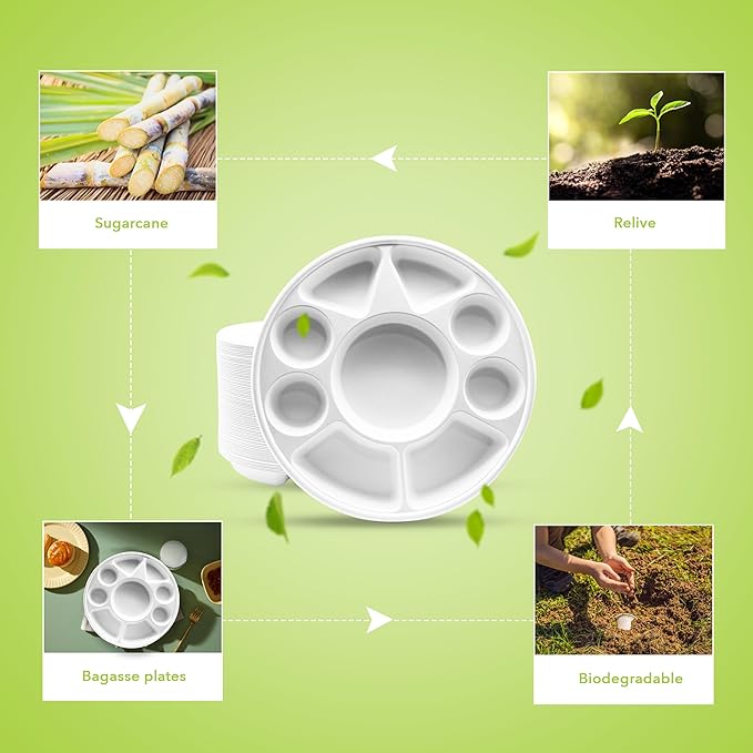 three leaf 9 Compartment Bagasse Round Plate, 50 Ct. Heavy-Duty- Super Strong- Natural- Eco-Friendly Disposable Bagasse Plates, 100% Biodegradable