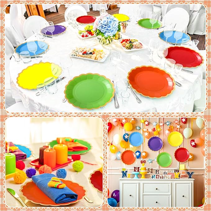 48 Pcs Rainbow Paper Plates 9 Inch Colorful Scalloped Paper Disposable Dinner Dessert Plates for Birthday Wedding Bridal Party Supplies, 6 Colors