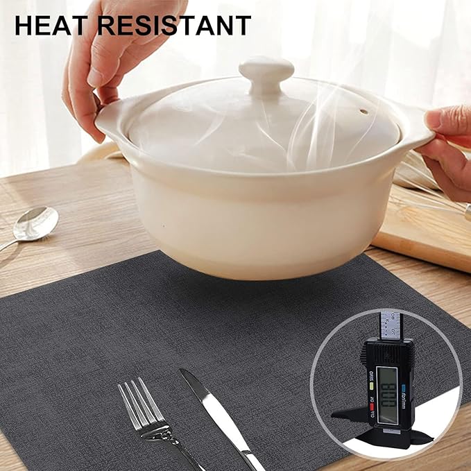 homing Faux Leather Heat Resistant Placemats 4 Packs, Waterproof Wipeable Dining PU Place Mats for Indoor & Outdoor, Easy to Clean, Charcoal