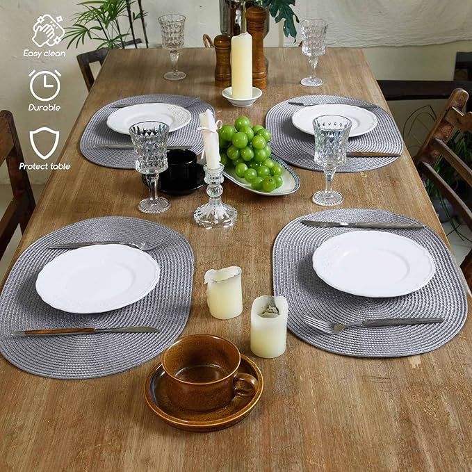 FunWheat Oval Braided Placemats Set of 4 Table Mats for Dining Tables Washable Heat Resistant Place Mats for Indoor Outdoor Use 12 x18 Inch(Oval Light Grey, 4pcs)