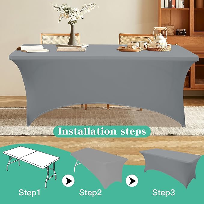 6FT Table Cloth for Rectangular Fitted Events Stretch Grey Table Covers Washable Spandex Tablecloth Protector for Party, Wedding, Cocktail, Banquet, Festival