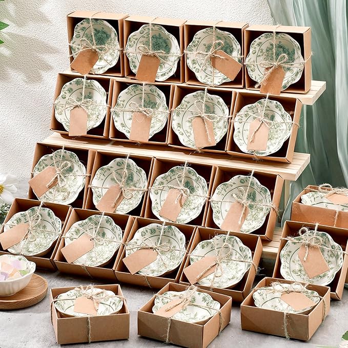 24 Pcs Wedding Favors for Guests Small Ceramic Bowl Bulk Gifts Set 3.3 Inch Floral Design Mini Dipping Sauce Dish with Card Box for Bridal Pooja Baby Shower Birthday Guest Gift (Sage Green)