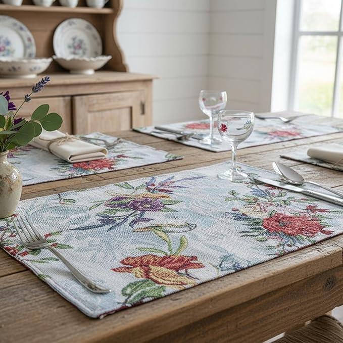DaDa Bedding Tropical Paradise Floral Blue Roses Placemats - Set of 4 Tapestry Nature Birds Exotic Flowers Botanical Garden Berries - Decorative Linen Woven Kitchen Dining Table Mats - 13” x 19”